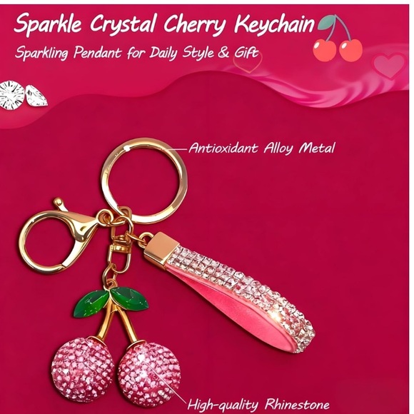 Pink Cherry Rhinestone Bling Keychain Accessory Bag Charm - Picture 2 of 7